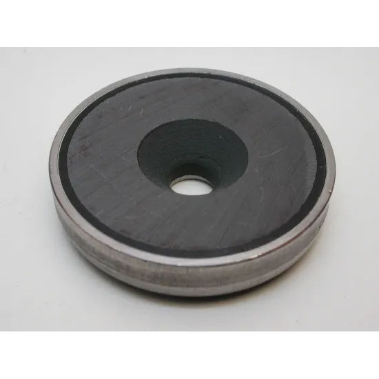 Ferrite pot magnet with continuous countersunk hole, stainless steel