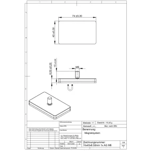 Magnetsystem aus NdFeB, Gummimantel weiß, mit Gewindezapfen, rechteckig 74 x 45 mm