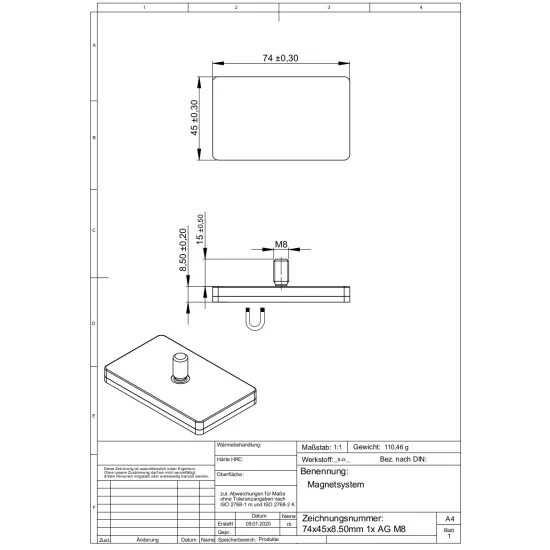 Neodymium magnet system in rubber, rectangular with threaded hole