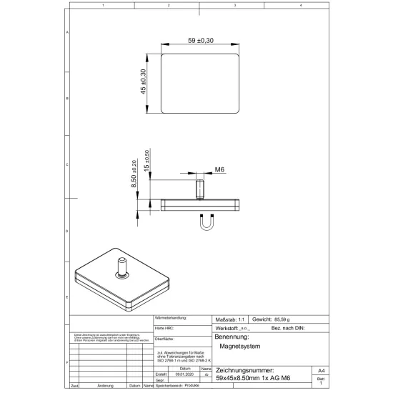 Neodymium magnet system in rubber, rectangular with threaded hole