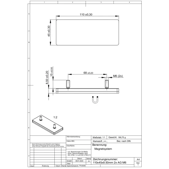 Magnetsystem aus NdFeB, Gummimantel weiß, mit 2 Außengewinde, rechteckig 110 x 45 mm