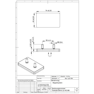 Neodymium magneetsysteem in rubber, rechthoekig met 2 draadstiften wit 74 x 45 mm