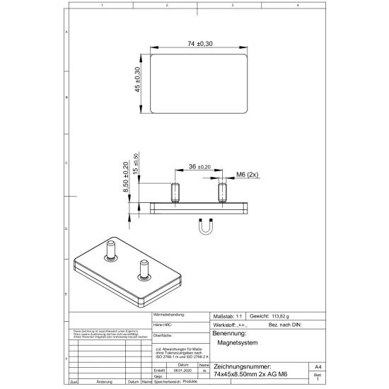 Neodymium magneetsysteem in rubber, rechthoekig met 2 draadstiften wit 74 x 45 mm